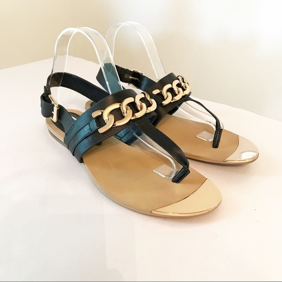 Isola Black and Gold Preston T-Strap Sandals Sz 9 - Picture 1 of 5